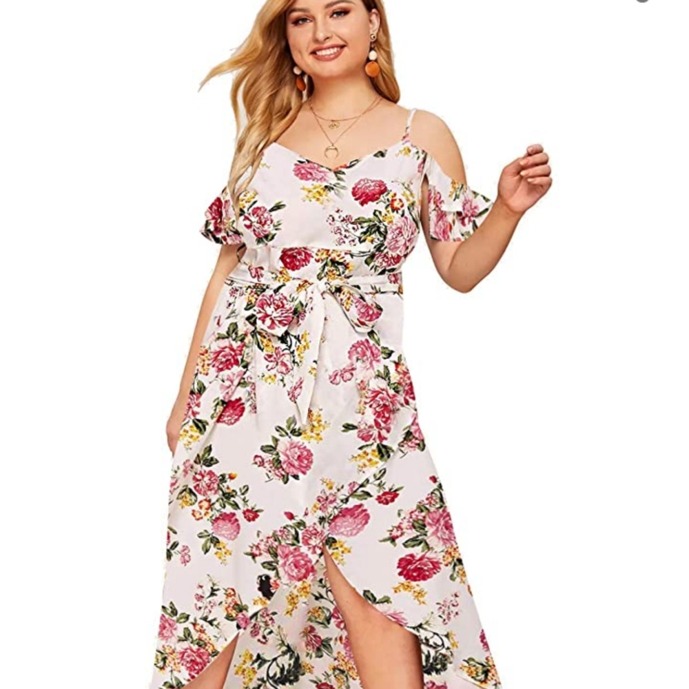 White Floral Wrap Dress - Plus Size